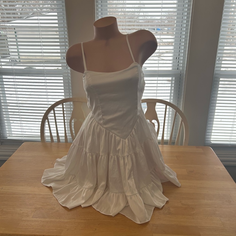 AKIRA White Spaghetti Strap Tiered Mini Dress